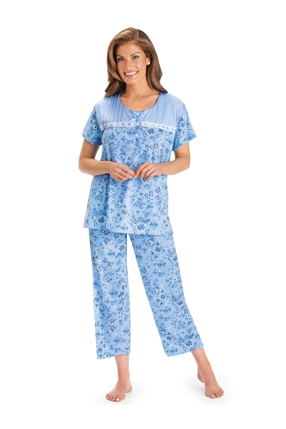 Collections Etc Lace Trim Floral Print 2-Piece Capri Pajama Set