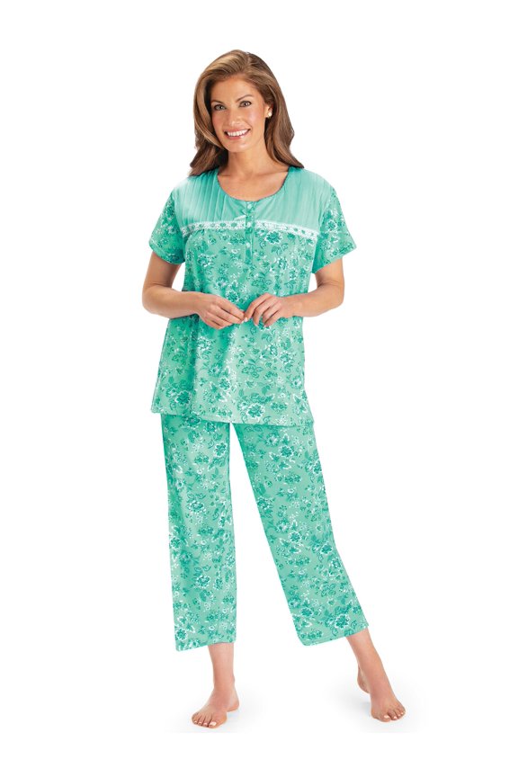 Collections Etc Lace Trim Floral Print 2-Piece Capri Pajama Set