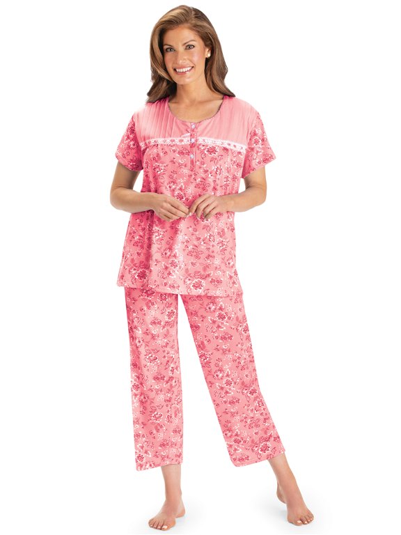 Collections Etc Lace Trim Floral Print 2-Piece Capri Pajama Set