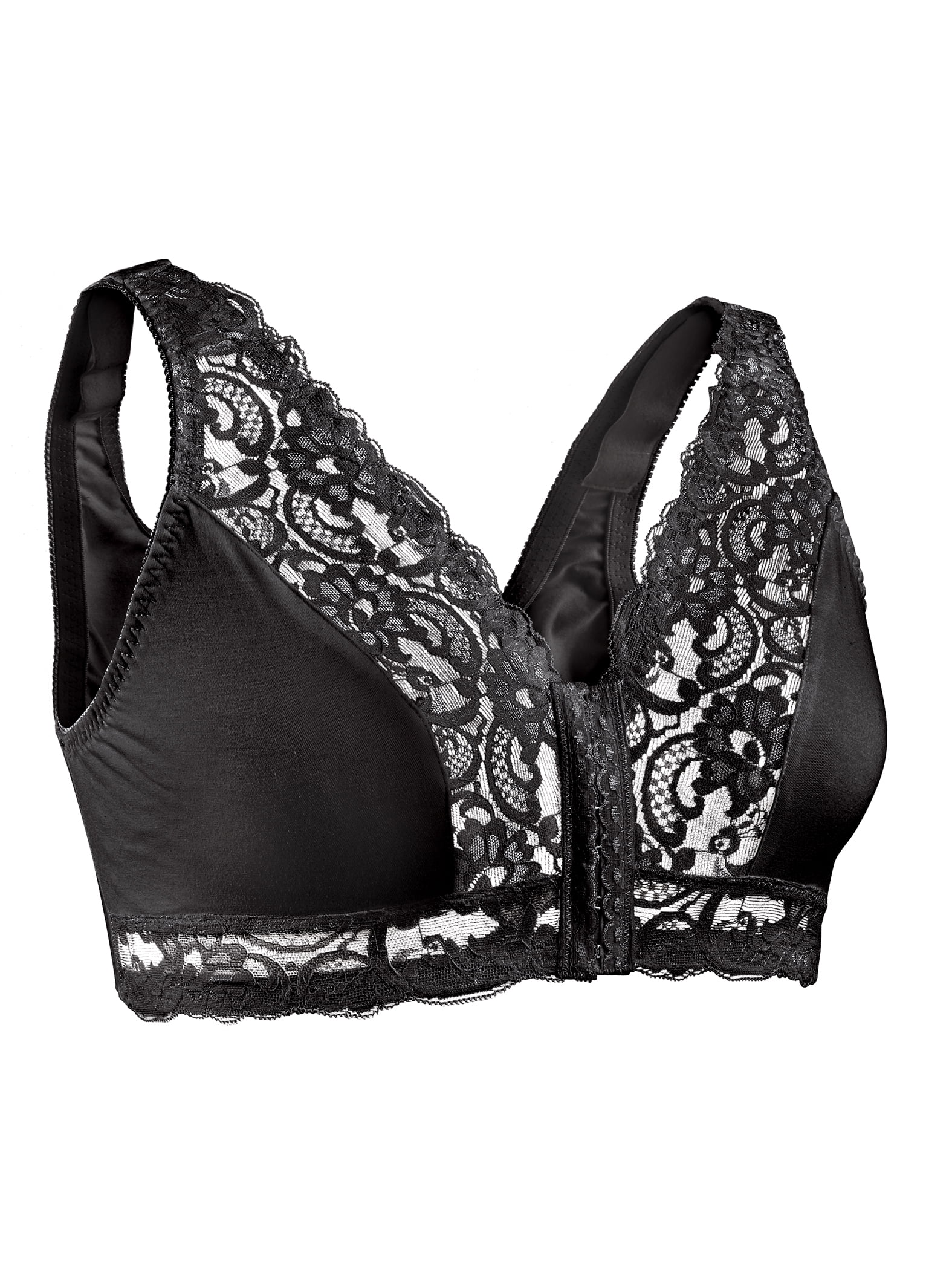 Collections Etc Lace Trim Front Hook Closure Polyester Bra, Wide Straps,  B-DD Cups, Hand Wash