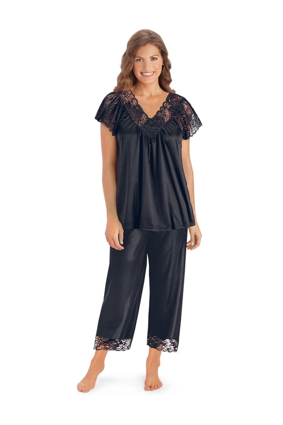 Collections Etc Lace Trim Soft and Silky Capri 2-Piece Pajama Set