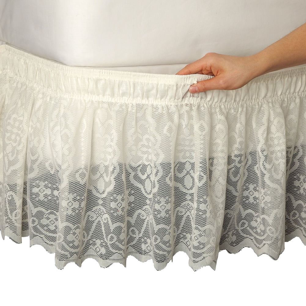 Ivory Lace Trimmed Elastic Bed Wrap Skirt, Queen/King Size