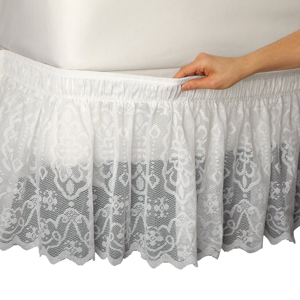 White Lace Trimmed Elastic Bed Wrap Skirt for Queen/King