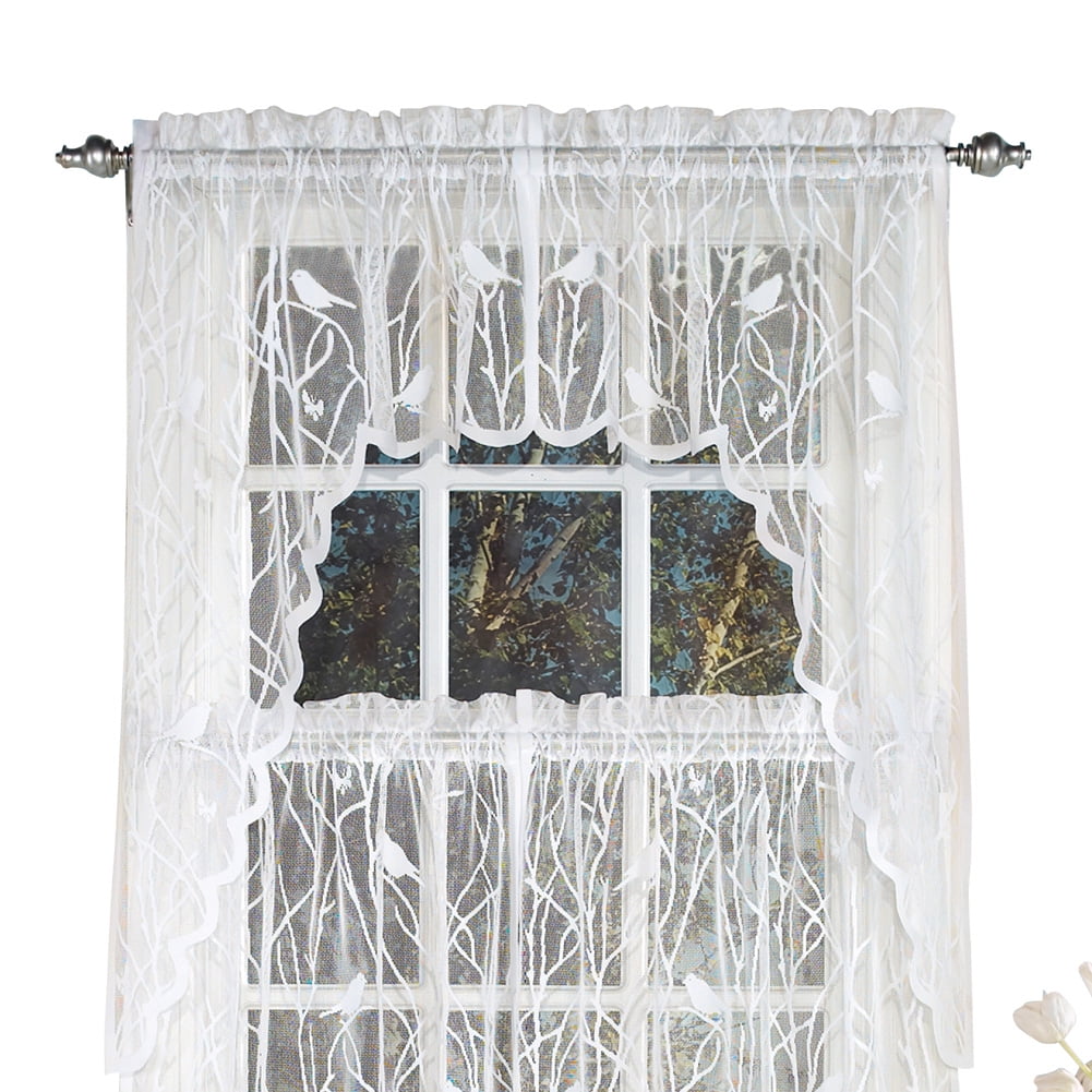 Collections Etc Lace Window Café Curtain Swags with Songbirds & Branches, White