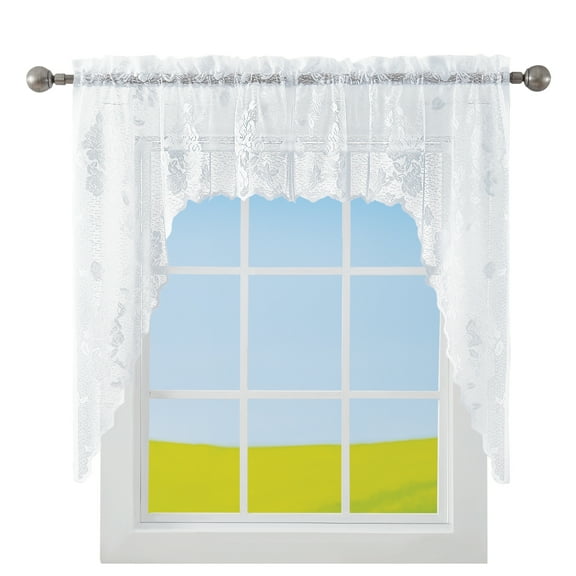 Collections Etc Lacey Floral Lace Design Kitchen Curtains White Swags