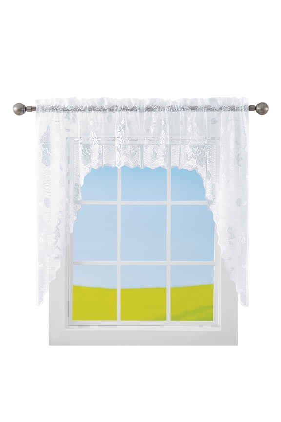 Collections Etc Lacey Floral Lace Design Kitchen Curtains White Swags