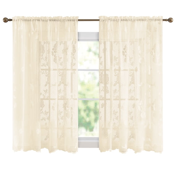 Collections Etc Lacey Floral Lace Design Rod Pocket Drapes Beige 56" x 63"