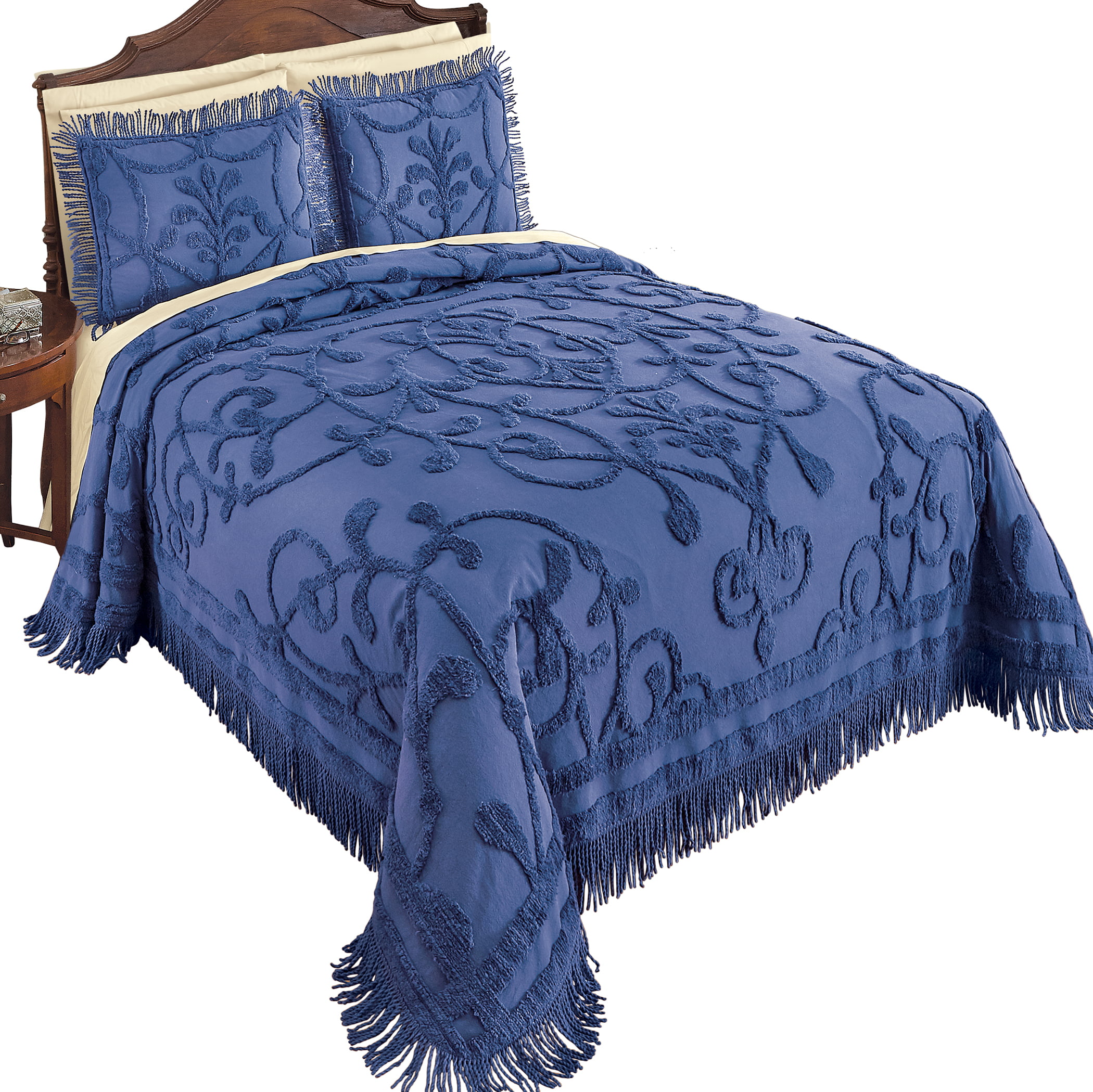 Collections Etc Leaf Scroll Chenille Fringe Border Bedspread Midnight