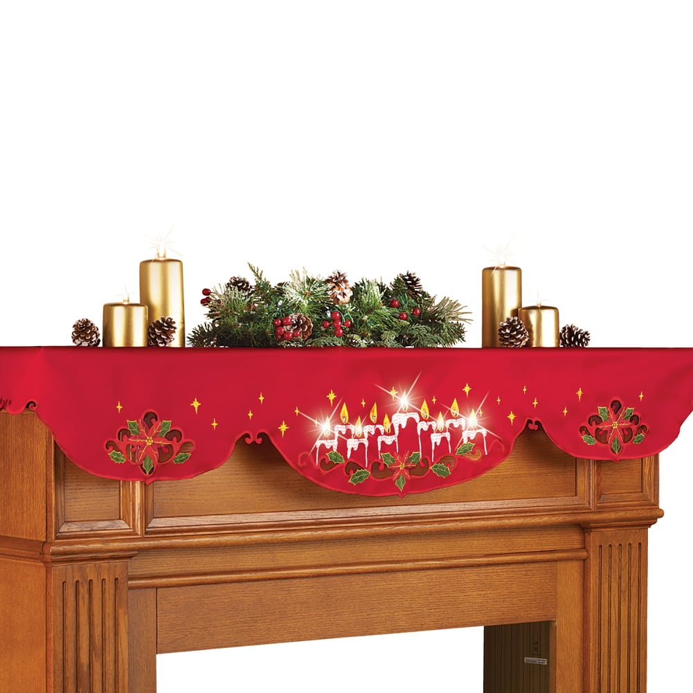 Festive Red Polyester Christmas Mantel Scarf with LED Candles