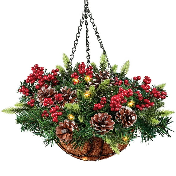 Collections Etc Lighted Fake Pine Arrangement Hanging Basket - 10.500 x 9.250 x 9.000