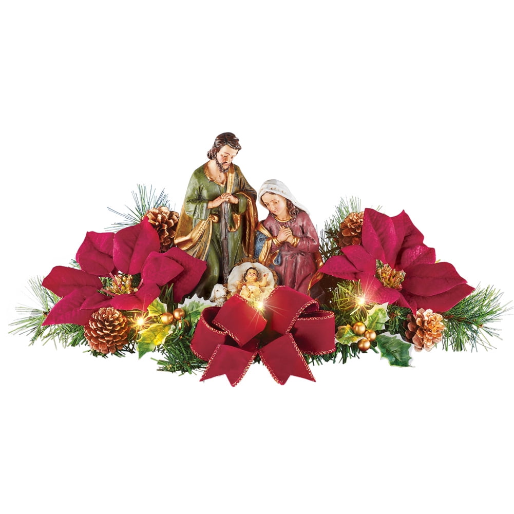 Collections Etc Lighted Tabletop Nativity Scene with Poinsettias, 19"L