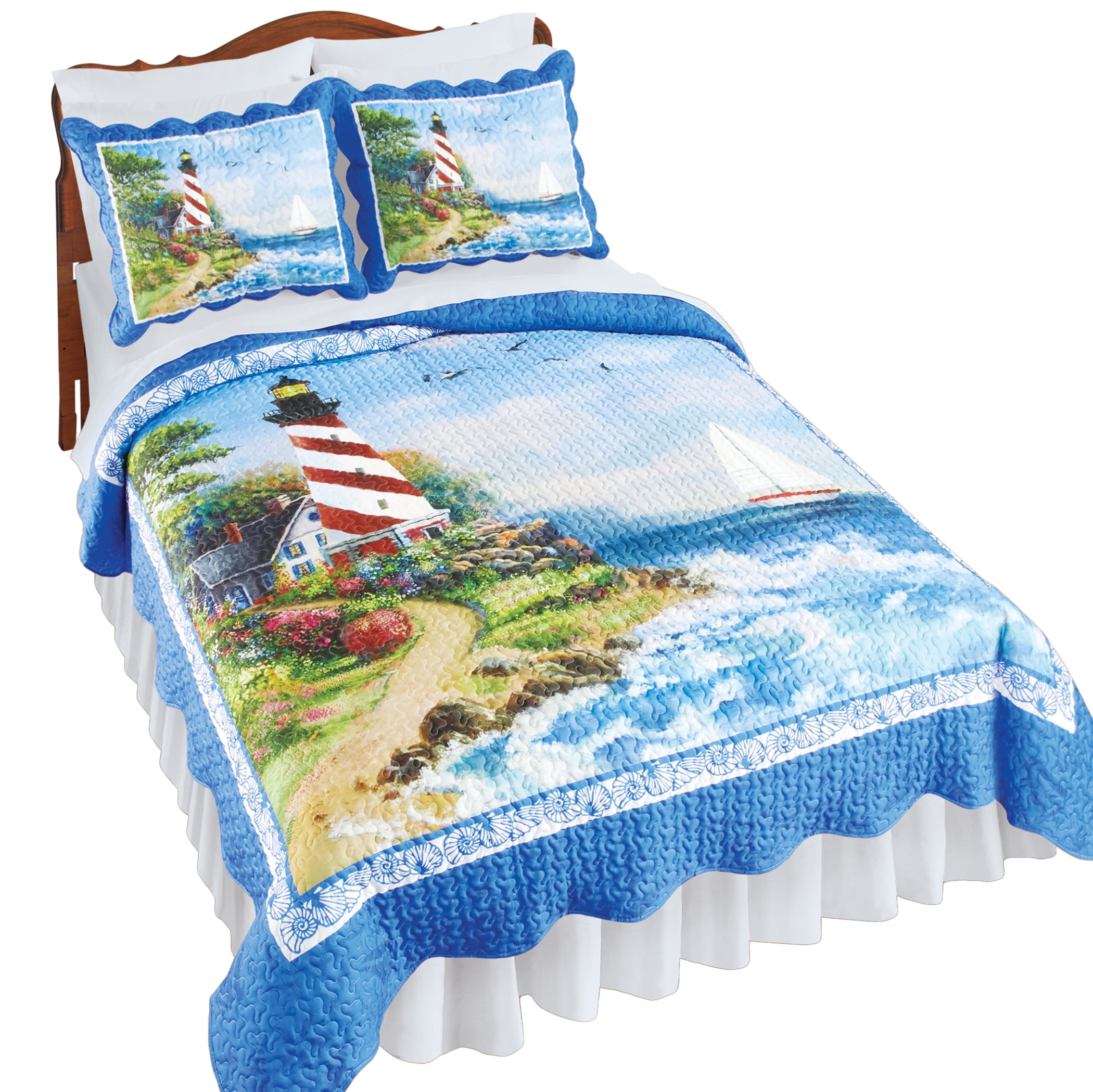 Twin Blue Polyester Coastal Lighthouse Quilt Set