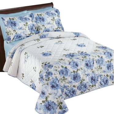 Collections Etc Lila Blue Floral Design Quilted Bedspread Blue Queen