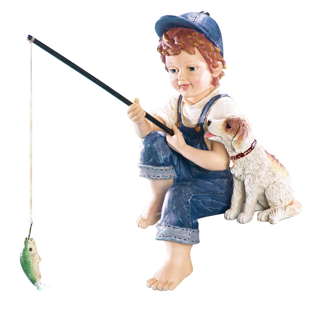 Collections Etc Little Boy and His Dog Fishing Outdoor Garden or Pond  Sculpture - Hand-Painted Garden or Home Decoration, Blue 