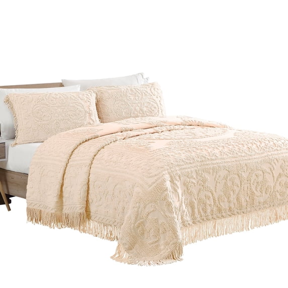 Collections Etc Luxurious Medallion Chenille Fringe Border Bedspread Ivory - Twin