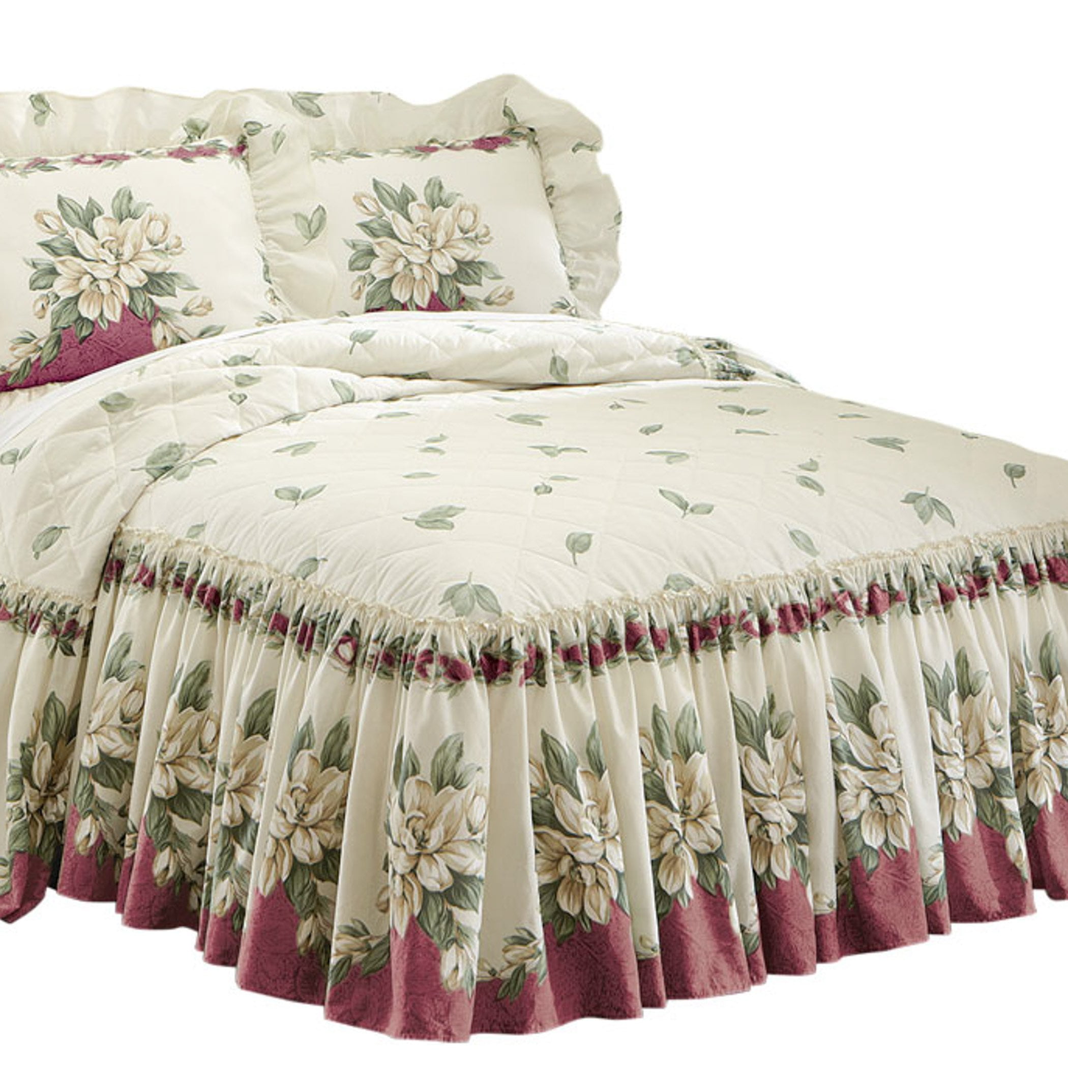 Collections Etc Magnolia Garden Floral Ruffle Skirt Lightweight Bedspread, Burgundy, Queen