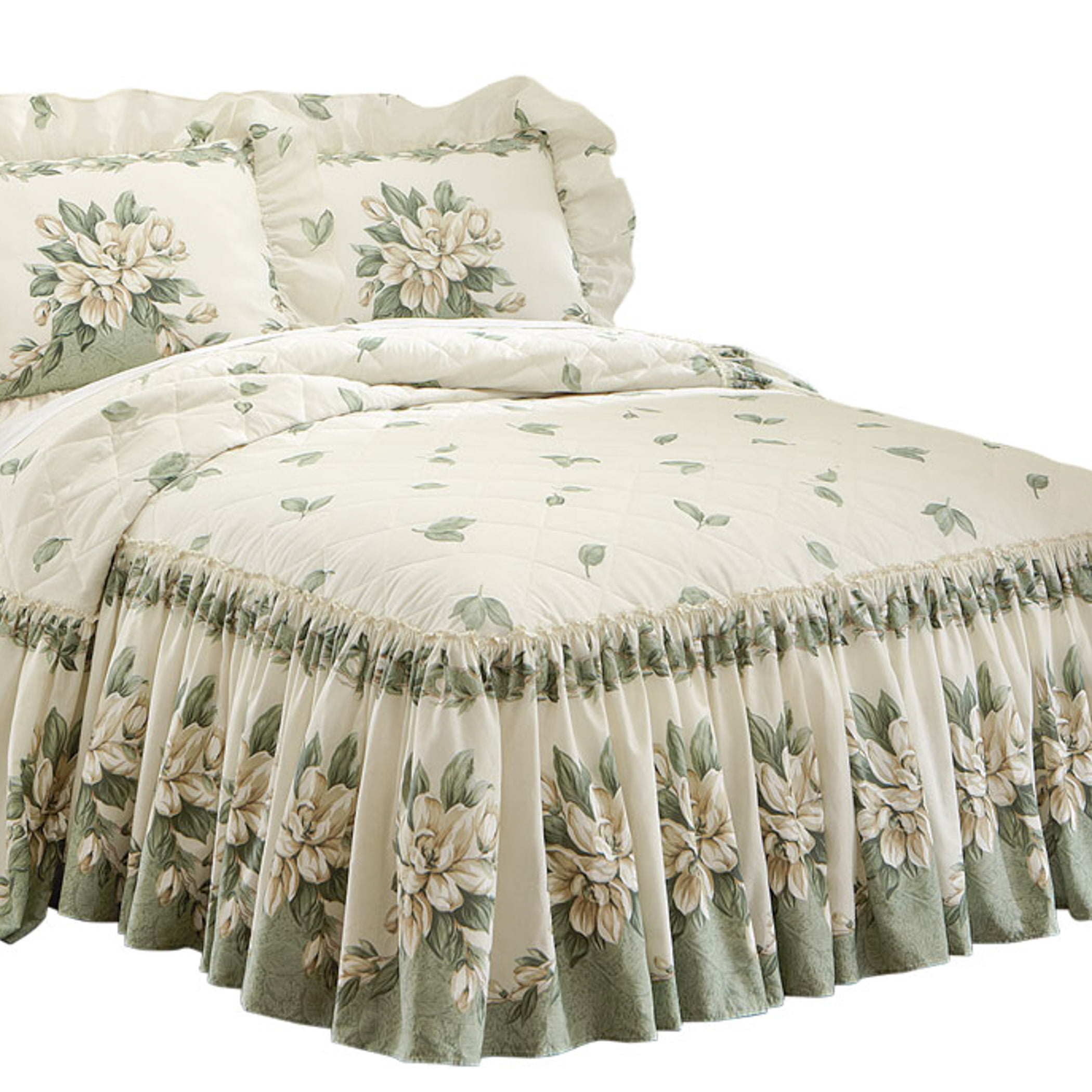 Collections Etc Magnolia Garden Floral Ruffle Skirt Lightweight Bedspread, Sage, Queen