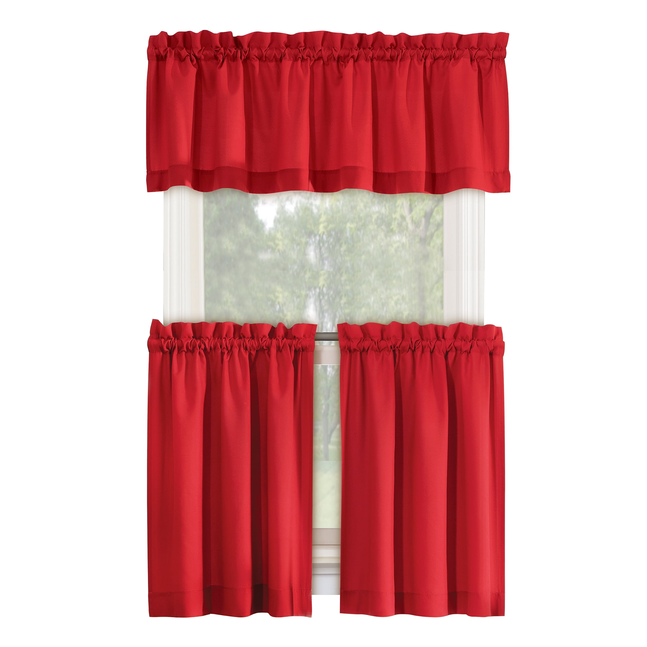Red Polyester Rod Pocket Kitchen Curtain Valance and Tiers Set