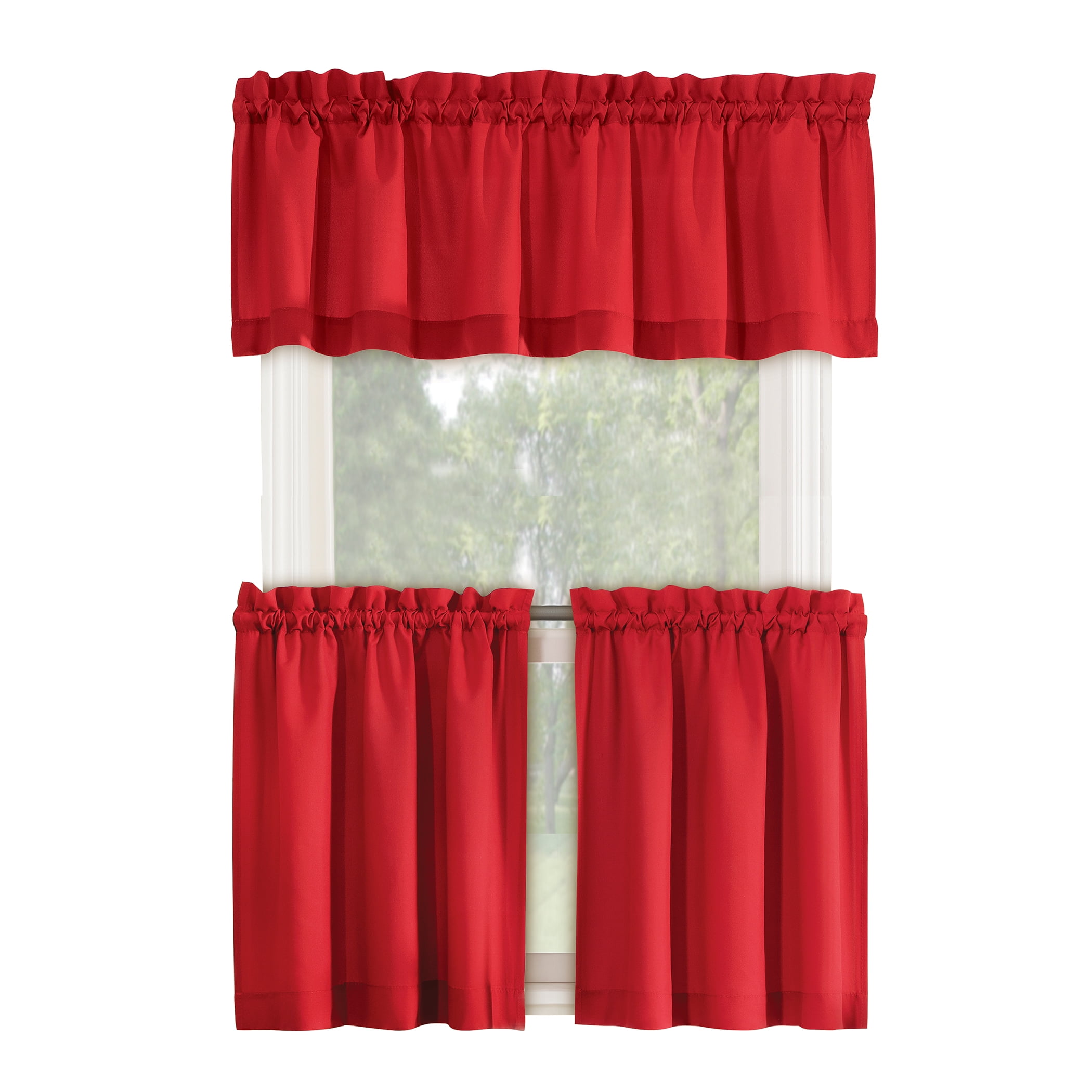 Red Sheer Polyester Rod Pocket Kitchen Curtain Set