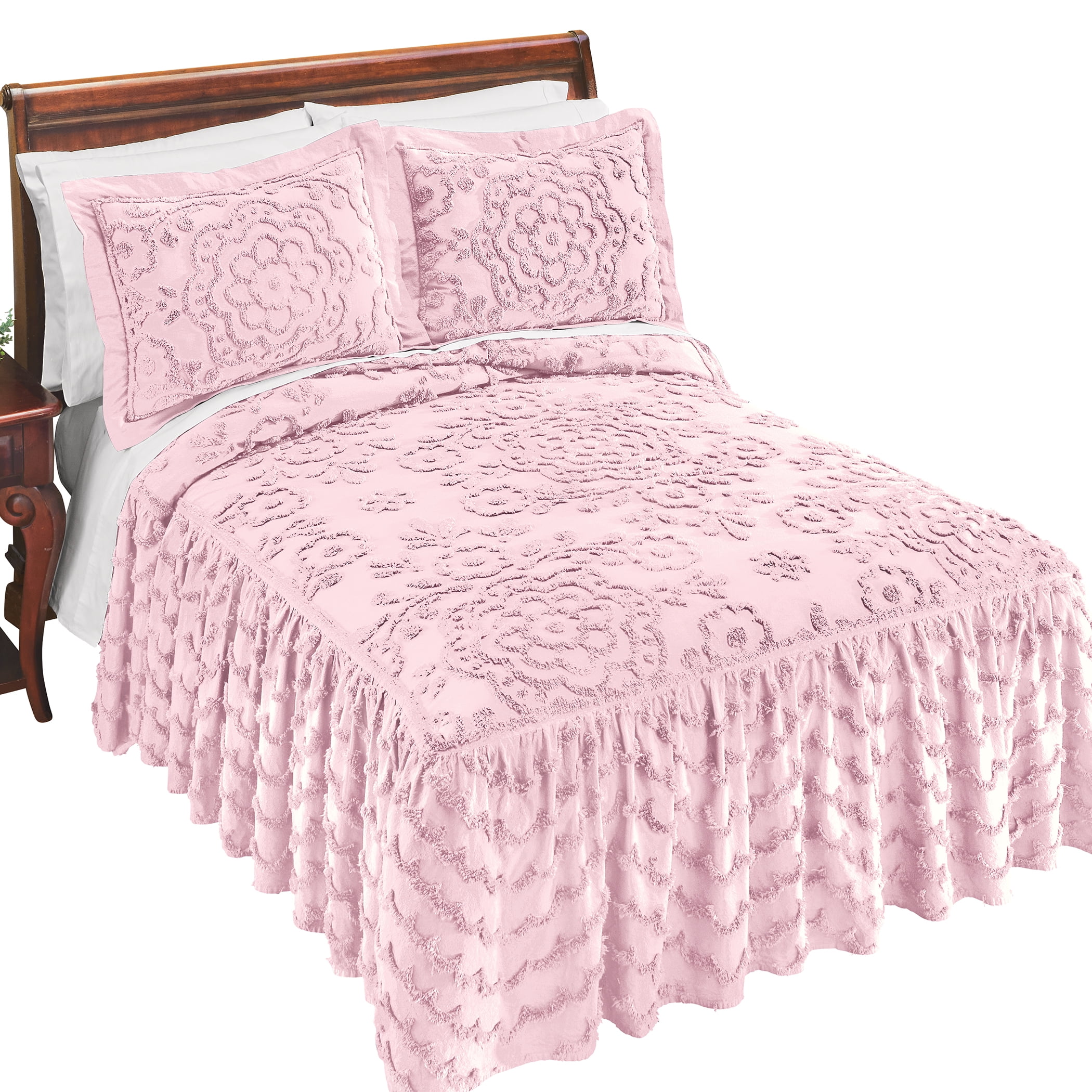 Collections Etc Mia Ruffled Textured Chenille Design Bedspread Blush