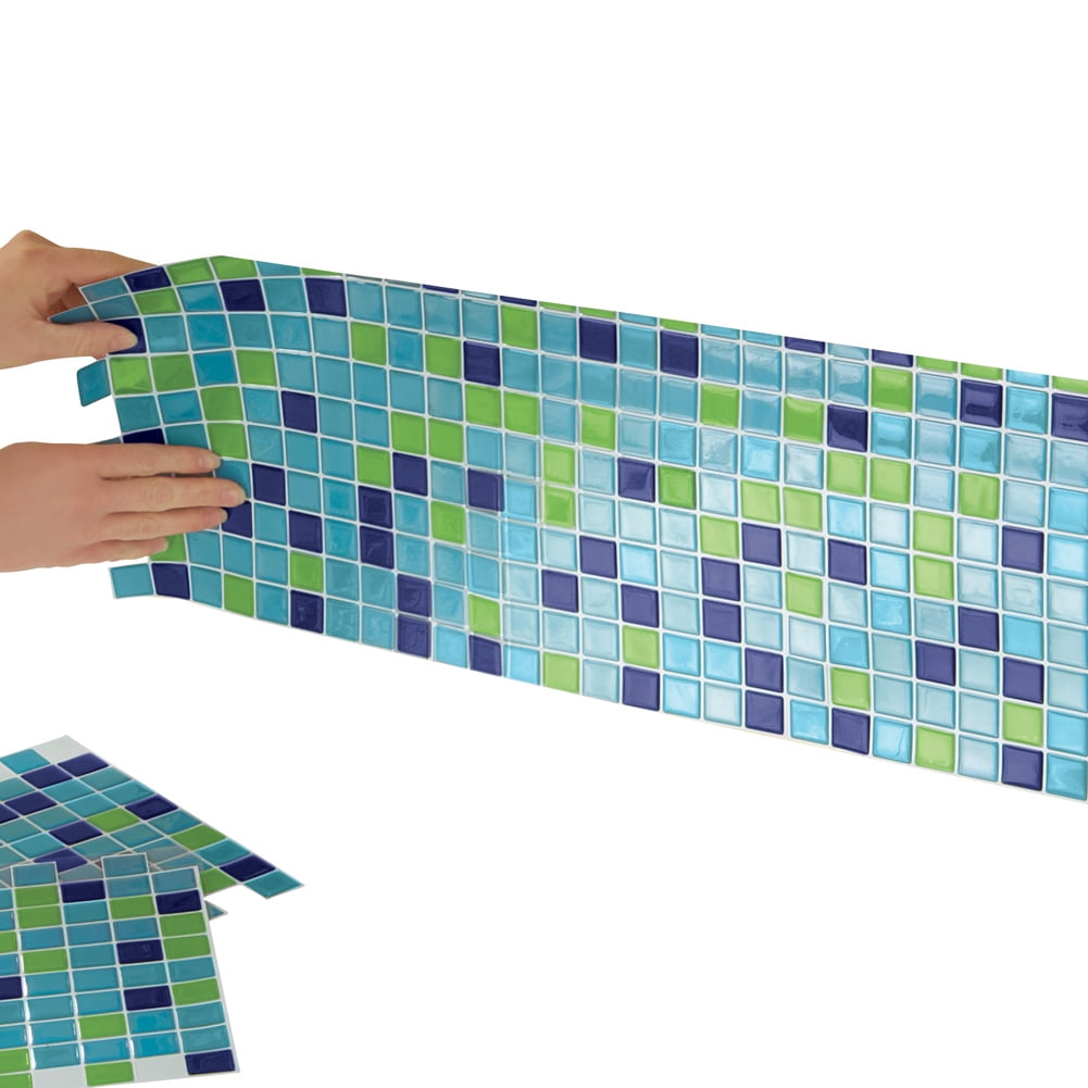 Blue-Green Adhesive Mosaic Backsplash Tiles Set of 6