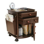 Collections Etc Multi Storage Mahogany Finish Companion Side Table with Rolling Wheels