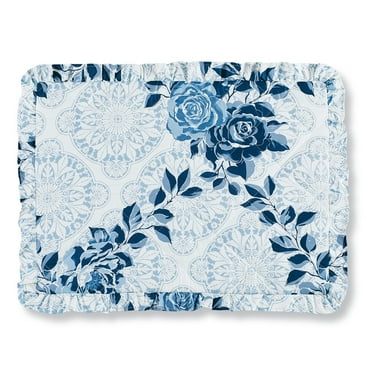 Collections Etc Navy Rose Floral Medallion Printed Ruffle Bed Pillow Sham, Navy Multi, Sham