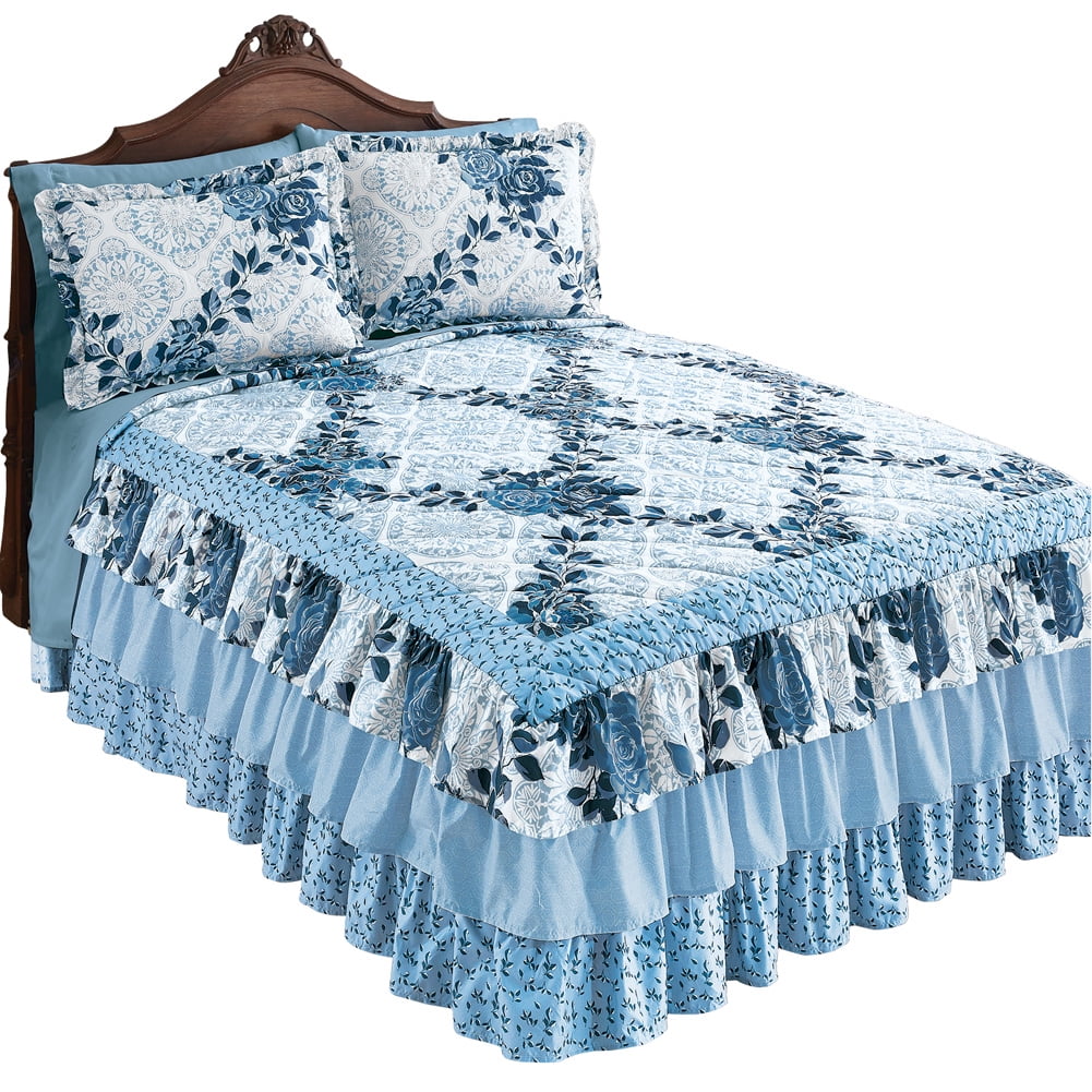 Queen Blue Floral Medallion Ruffled Polyester Bedspread