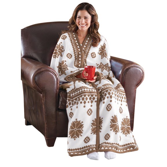 Collections Etc Nordic Snowflake Blue and White Cuddle Fleece Wrap with Zipper, Features Evergreen Trees, Deer and Snow