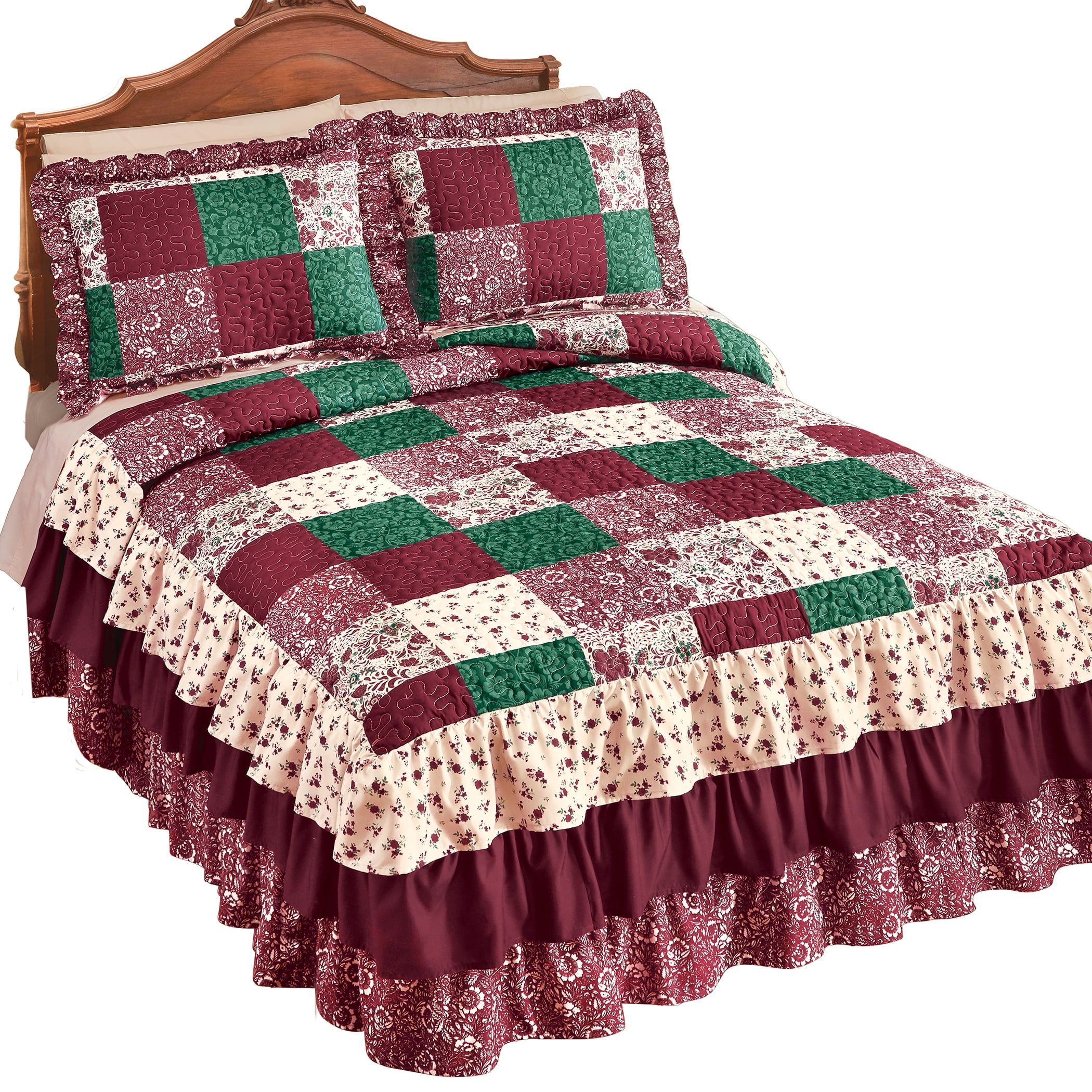 Collections Etc Patchwork Triple Ruffle Bedspread in Burgundy, Green and Beige