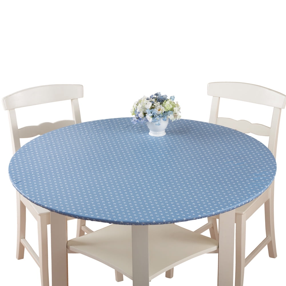 Blue Print Round Vinyl Fitted Table Cover with Flannel Backing