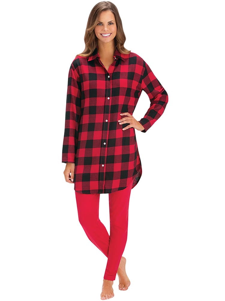 Collections Etc Plaid Flannel Button-Down Tunic and Knit Leggings