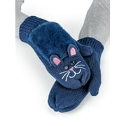 Collections Etc Plush Embroidered Kitten Mittens with 3-Dimensional Ears Navy