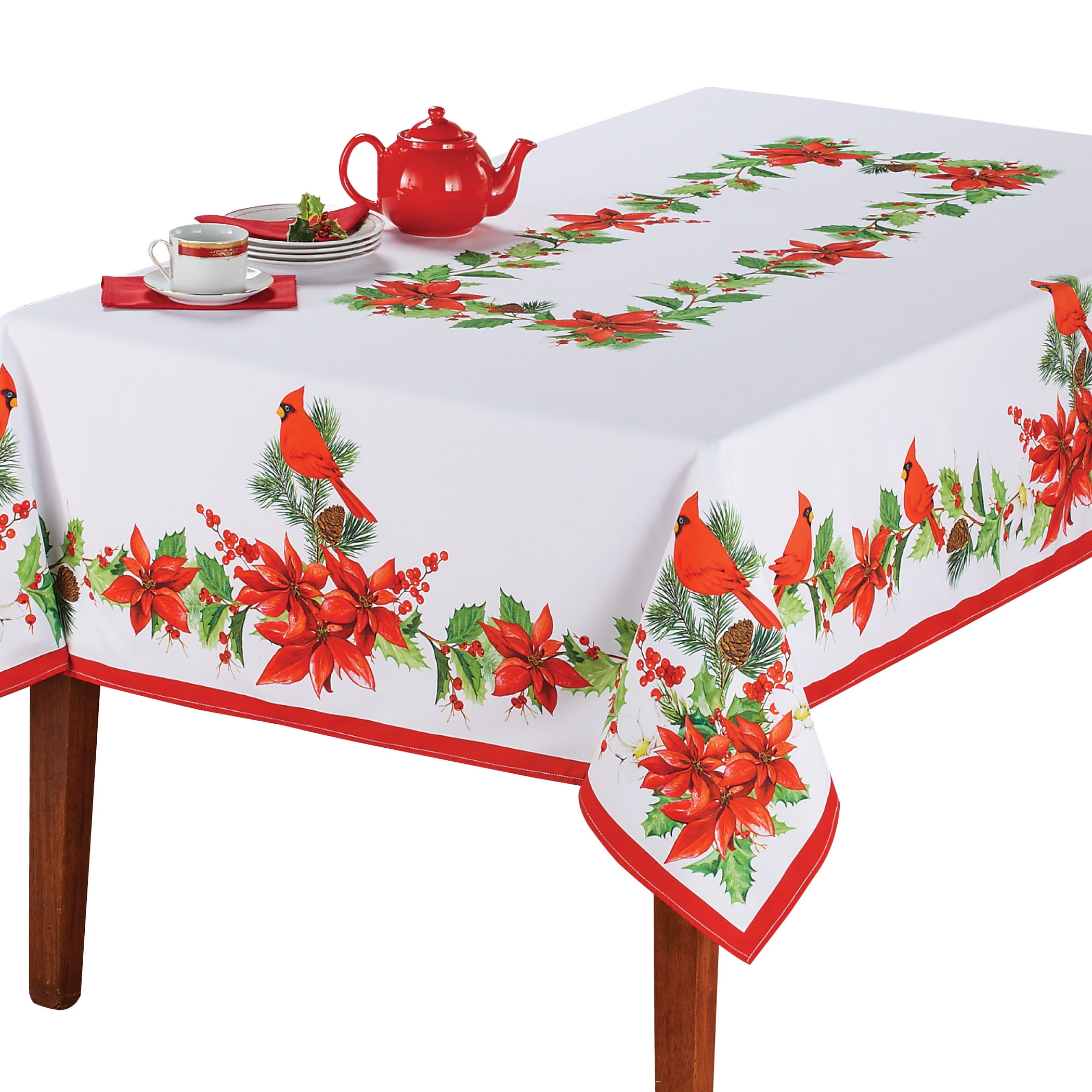 Collections Etc Poinsettia Cardinal Tablecloth with Red Border