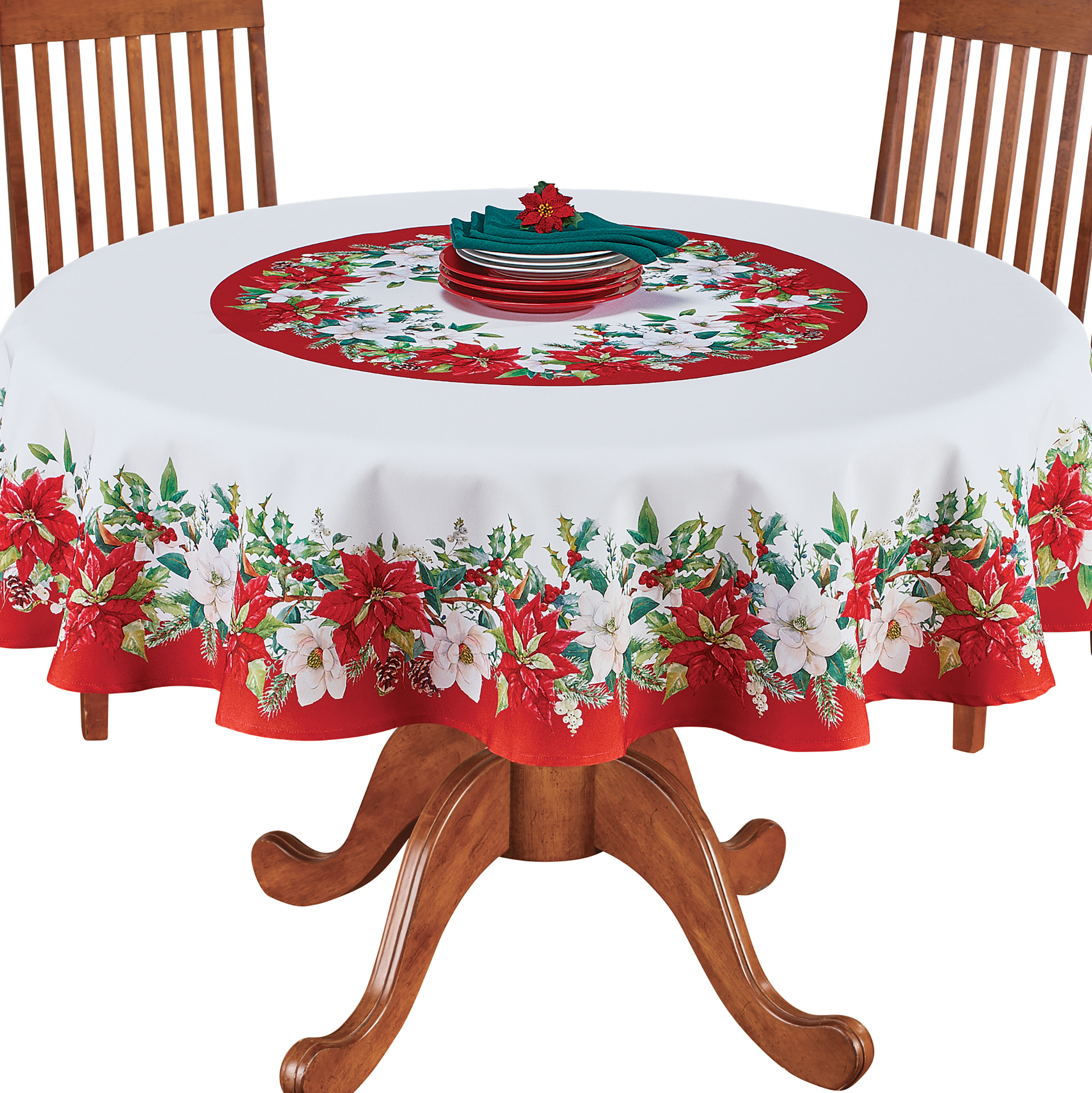 Collections Etc Poinsettia & Holly Holiday Floral Tablecloth
