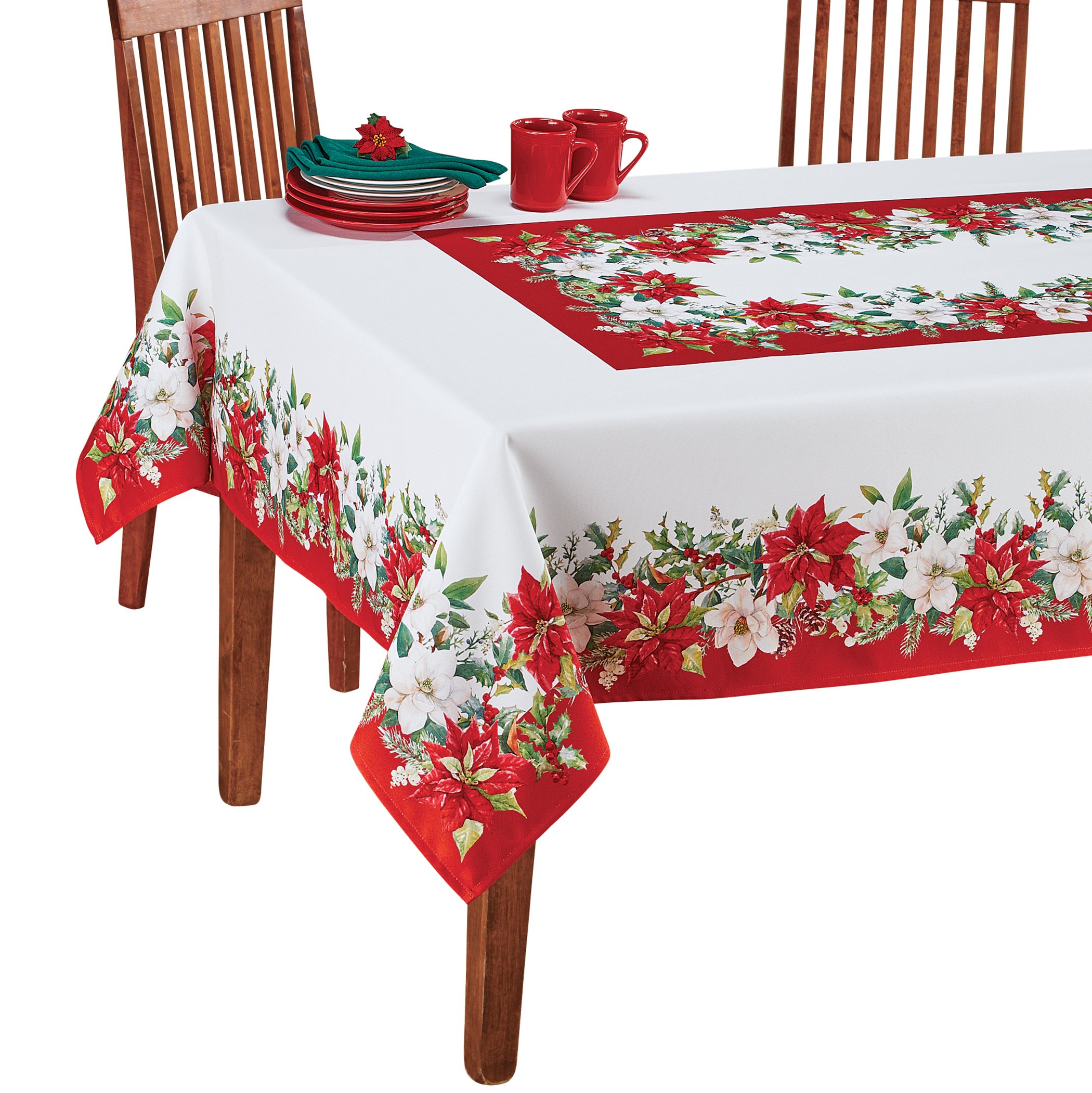 Collections Etc Poinsettia & Holly Holiday Floral Tablecloth