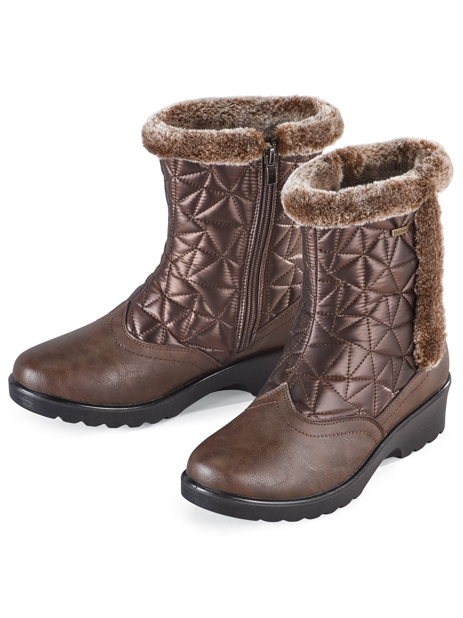Collections Etc Quilted Nylon Faux Fur Trim Boots With FlipOut Ice