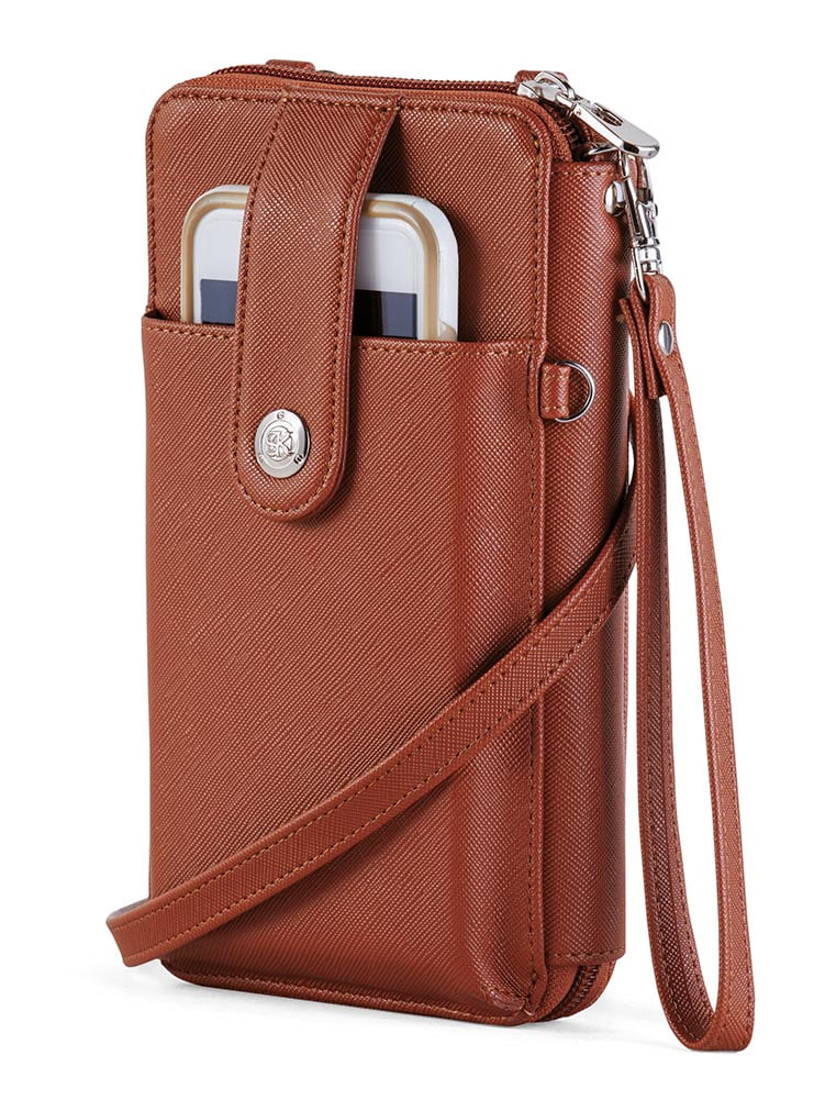 Cell phone wallet with crossbody clearance strap