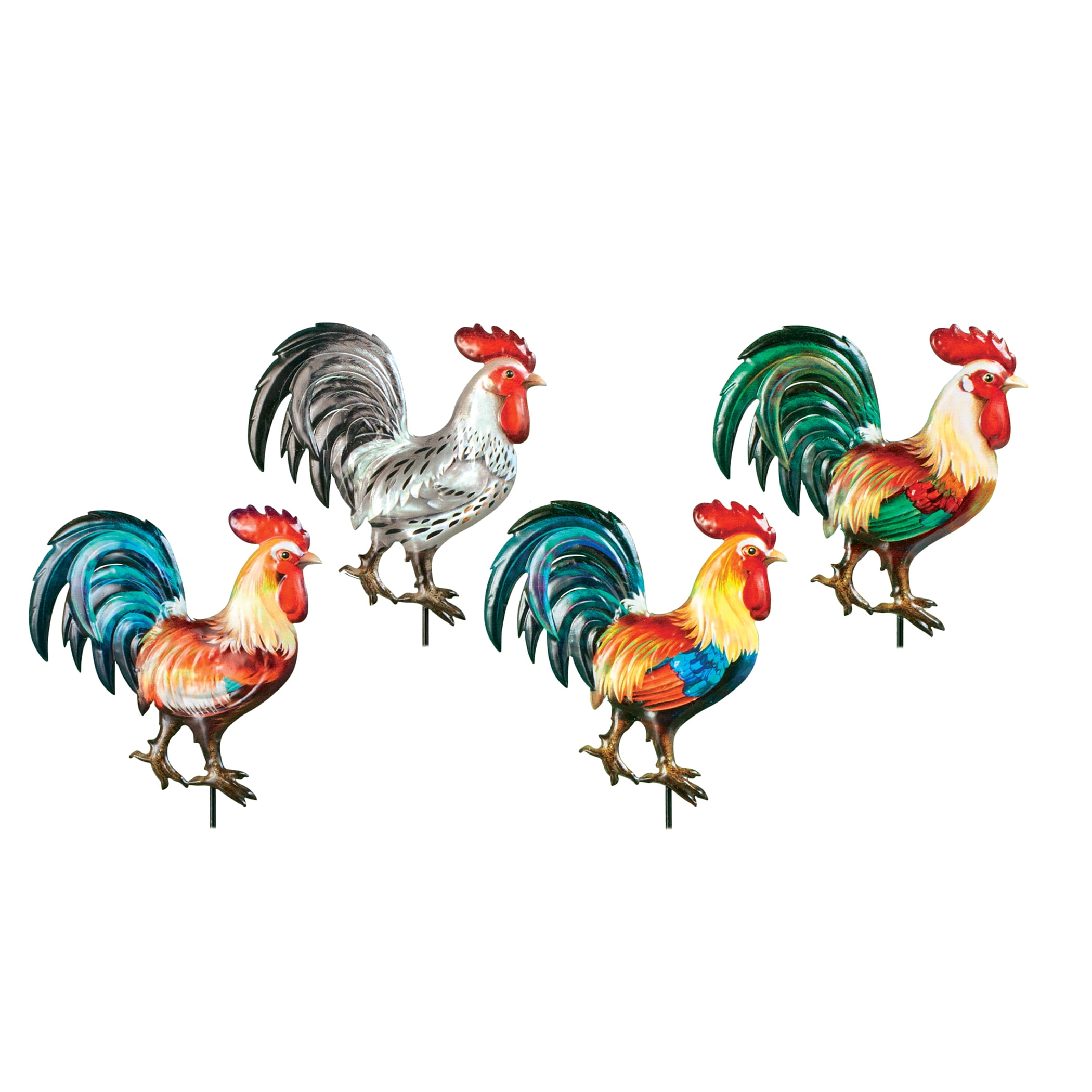 Colorful Iron Rooster Garden Stakes Set of 4