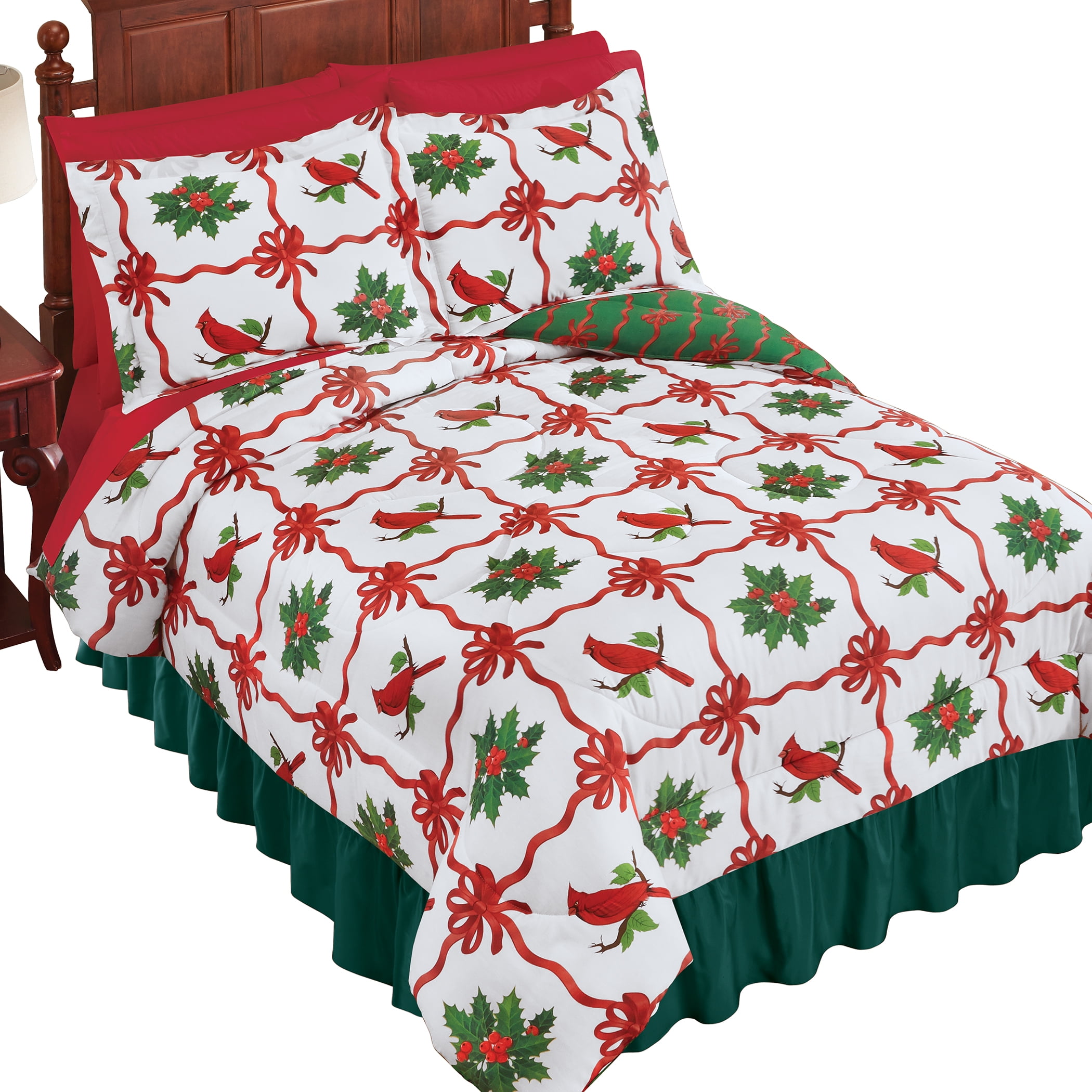 Collections Etc Red Ribbon, Holly & Cardinal Holiday Comforter Set
