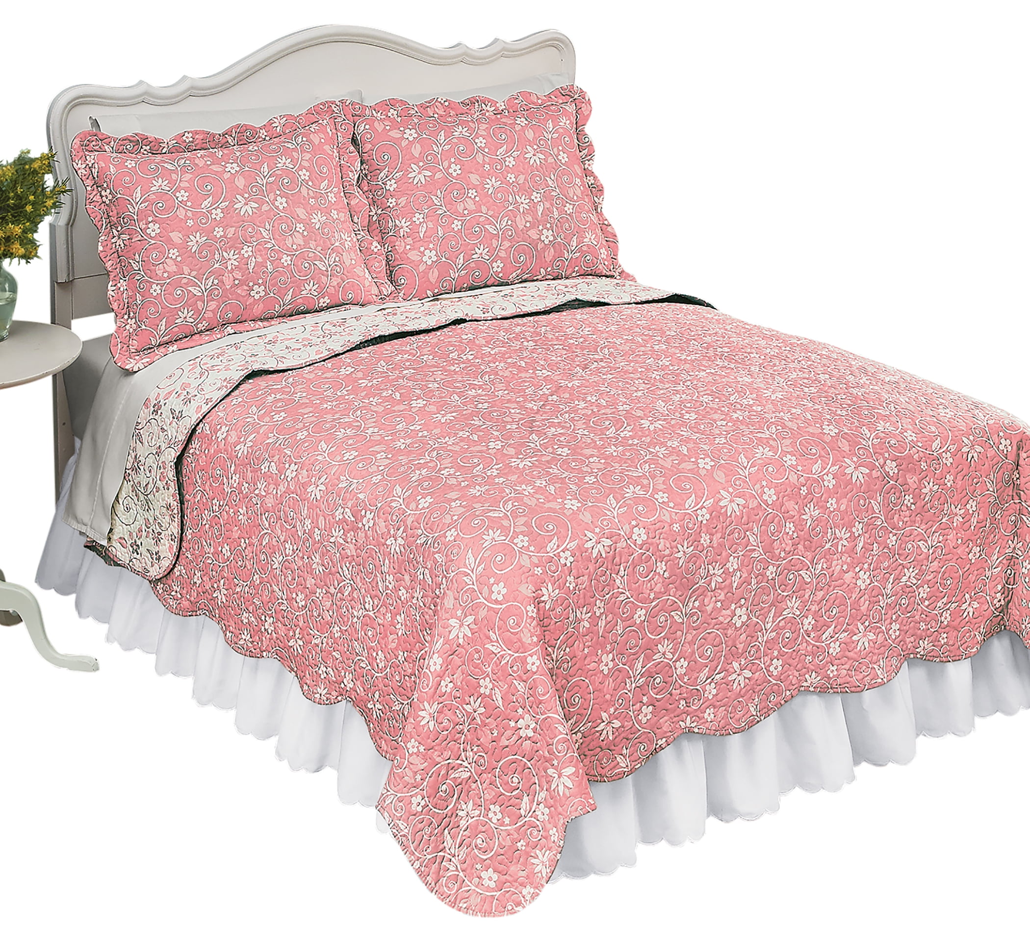 Collections Etc Reversible Floral Quilt with Scalloped Edges Rose Full/Queen
