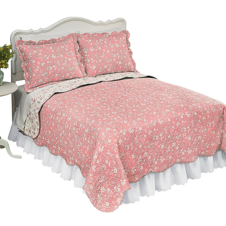 Collections Etc Reversible Floral Quilt with Scalloped Edges Rose Full Queen