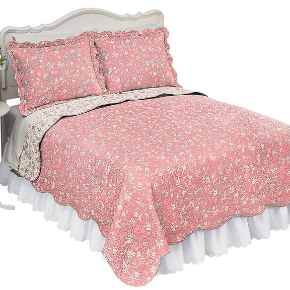 Collections Etc Reversible Floral Quilt with Scalloped Edges Rose Full/Queen