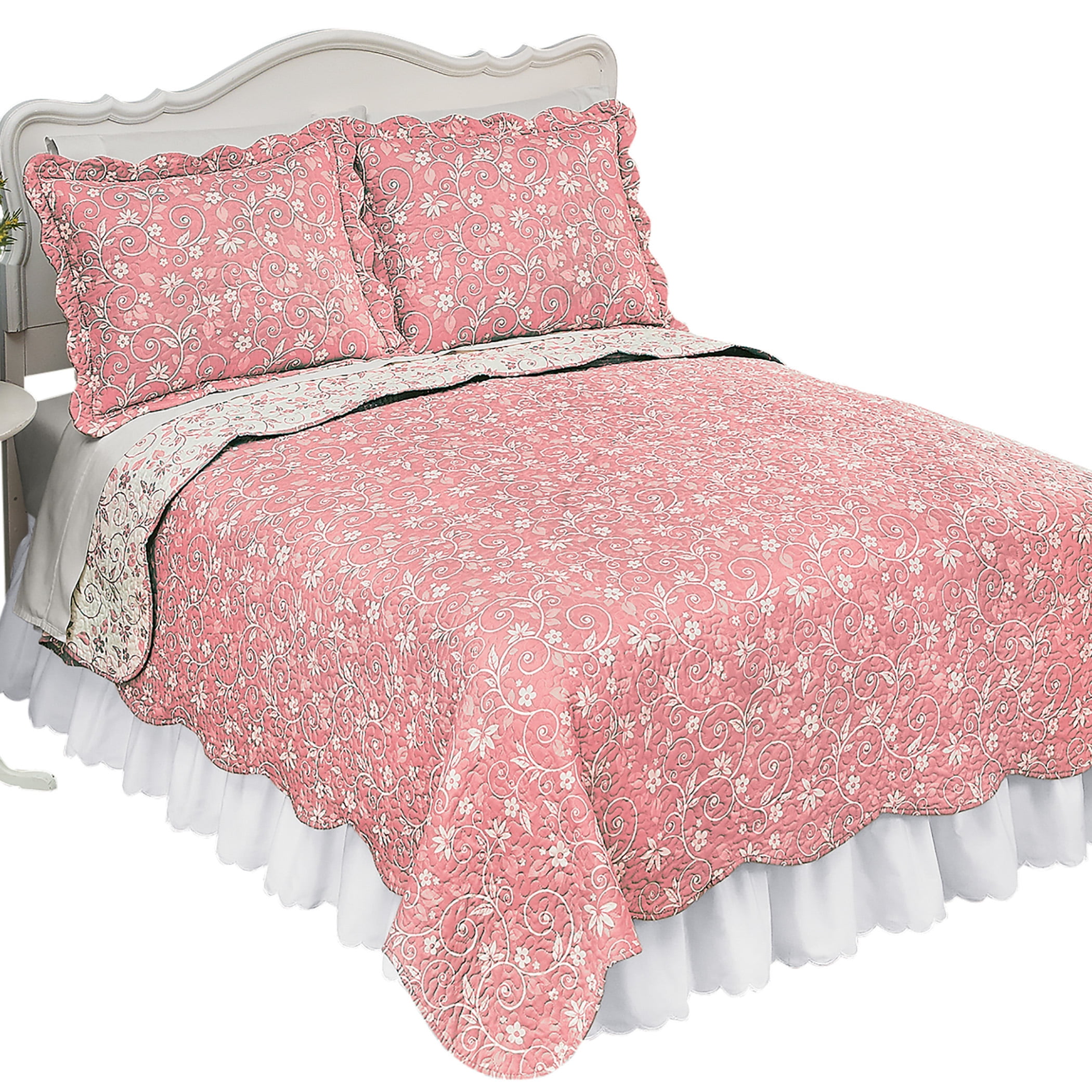 King Rose Reversible Floral Quilt with Scalloped Edges