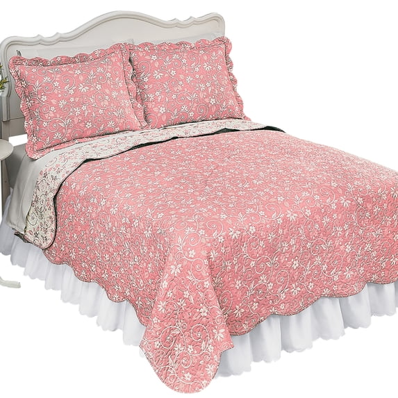 Collections Etc Reversible Floral Quilt with Scalloped Edges Rose Twin