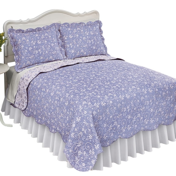 Collections Etc Reversible Floral Quilt with Scalloped Edges and Two-Tone Design, Lavender, Full/Queen