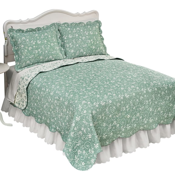 Collections Etc Reversible Floral Quilt with Scalloped Edges and Two-Tone Design, Sage, Twin