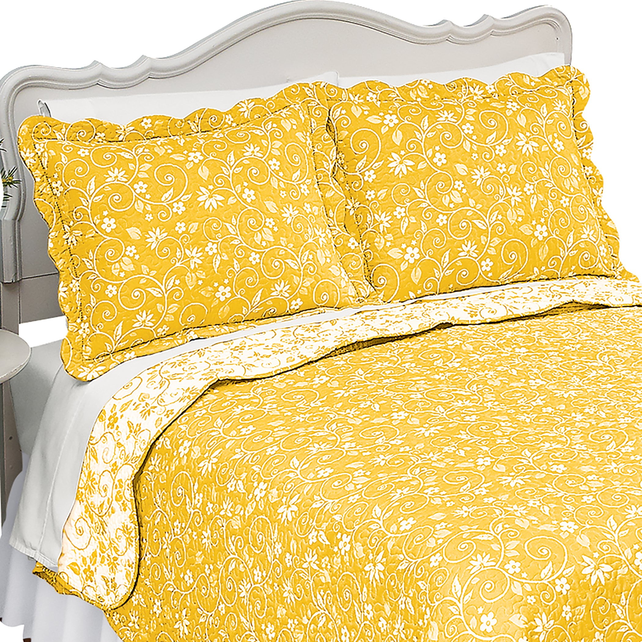 Yellow Reversible Floral Scroll Standard/Queen Polyester Pillow Sham