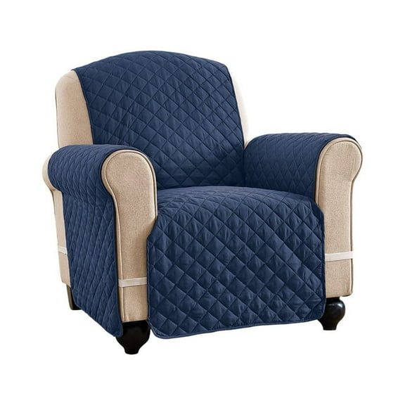 Collections Etc Reversible Spill Resistant Quilted Furniture Protector Cover with Ties - Covers Seat Bottom, Seat Back and 2 Seat Arms, Navy/Blue, Chair