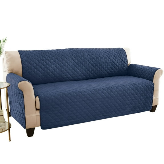 Collections Etc Reversible Spill Resistant Quilted Furniture Protector Cover with Ties - Covers Seat Bottom, Seat Back and 2 Seat Arms, Navy/Blue, Sofa